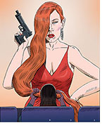 Spoof of the film Ava with Jessica Chastain’s title character assassin holding a pistol and sporting a peek-a-boo hairstyle with her long red hair extending off the screen where a female patron in the front row covers her eyes with it.