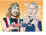Parody based on the documentary film Jimmy Carter: Rock & Roll President showing Willie Nelson offering an enormous joint decorated with Stars and Stripes to Presidential candidate Jimmy Carter who is sweeping the smoke towards himself.