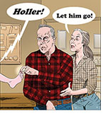 Spoof of the film Let Him Go with Kevin Costner playing a game of Eeny, meeny, miny by pulling the big toe of his grandson who yells ‘Holler!’ as his grandma Diane Lane instructs, “Let him go!”