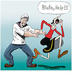 Robin Williams as Popeye reaching out for a cartoon Olive Oyl who is running away from him yelling, "Bluto, Help!"