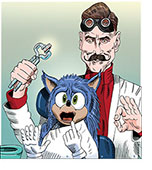 Dr. Ivo Robotnik (Jim Carrey ) supervises the makeover of Sonic the Hedgehog by pulling out his upper teeth