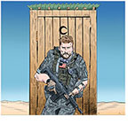 Spoof of the film The Outpost with armed soldier Scott Eastwood protecting an outhouse in Afghanistan