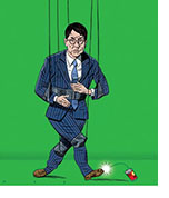 Spoof of the film Vanguard with Jackie Chan in a suit in front of a green screen doing wire work to kick a can.