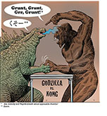 Spoof of the film Godzilla vs. Kong with the title monsters having a thumb war being won by King Kong who grunts,  "Aw, nobody told reptile-breath about opposable thumbs!'
