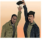 Spoof of the film Judas and the Black Messiah with Fred Hampton (Daniel Kaluuya) stretching to reach for his beret which is being held aloft in the clenched power fist of the taller Bill O'Neal (LaKeith Stanfield.)