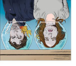 Spoof of the film Little Fish with the lead characters  Jude (Jack O'Connell) and Emma (Olivia Cooke) upside down with their heads in matching goldfish bowls.