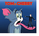 Spoof poster for the film Tom and Jerry with the cartoon looking scared as he sticks out his tongue and Tom Holland as the bank-robbing lead character from Cherry is standing on it pointing a pistol between his eyes.