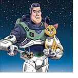 A spoof of the film Lightyear with the title character holding his robot cat Sox in one hand and a cat litter scooper in the other that's filled with D batteries.
