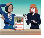 Spoof of the film The 355 with stars Lupita Nyong'o and Jessica Chastain holding a can of Whole Foods house brand- nspired The 355 Spy Stew Organic Whup-Ass at gunpoint.
