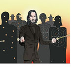A spoof of the film John Wick: Chapter 4 with star Keanu Reeves shooting bullets out of his fingers at flat, blank cut-out characters with targets on their chests that surround him.