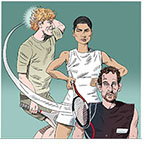 Spoof of the film Challengers showing star tennis player Tashi (Zendaya) wielding her racket to first hit husband Art (Mike Faist) in the back of the head with her backswing and then aiming her forehand swing at ex-lover Patrick's (Josh O'Connor) face.