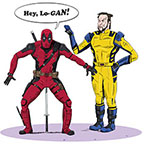Spoof of the film Deadpool and Wolverine with Deadpool (Ryan Reynolds) squatting painfully atop one of his kitana swords as he calls out 'Hey, Lo-GAN!' like he's Lou Costello, to Wolverine (Hugh Jackman) who looks at him disgustedly like Bud Abbott.