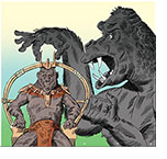 Spoof of the film Kingdom of the Planet of the Apes with Proximus Caesar on his throne looking shocked as King Kong in black-and-white from the 1933 film leans in and removes his crown.