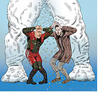 Cartoon spoof of the film Red One with Santa's head of security Callum Drift (Dwayne Johnson) and bounty hunter Jack O'Malley (Chris Evans) getting tinkled on by a giant evil snowman seen from the thighs down who releases a stream of ice cubes turning yellow on their heads.