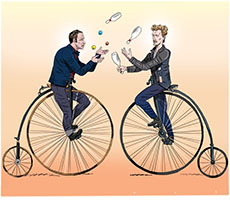 Cartoon spoof of The Bikeriders film with lead characters Johnny (Tom Hardy) and Benny (Austin Butler) dressed in motorcycle gear riding Victorian bicycles with a big and small wheel and juggling colored balls and bowling pins.