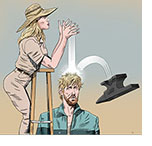 Spoof of the film The Fall Guy with director Jody Moreno (Emily Blunt) on a ladder dropping an anvil which bounces off the head of hunky stuntman Colt Seavers (Ryan Gosling) below.