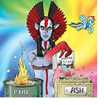 Cartoon spoof of the sci-fi epic film Avatar: Fire and Ash showing the sorceress Varang behind a burning barrel marked FIRE in which she's burned much of the script for 'Avatar 3, 4 &5' which she is now holding over a disposal receptacle labeled ASH suggesting the lousiness pf this sequel will preclude further installments. To reinforce the twee nature of this fantasy world a cutesy animated Pretty Little Pony is flying through the rainbow-colored sky behind her.