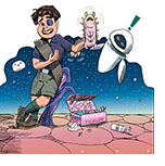 Cartoon spoof of the animated sci-fi Pixar film Elio showing the 11-year-old eponymous hero on an alien planet showing off a phallic adult toy called the Glordon Tickler based on a big worm-like character to the confused robot character Eve from the hit WALL·E.