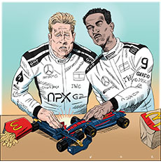 Cartoon spoof of the Formula 1 race car film F1: The Movie showing the main characters Sonny Hayes (Brad Pitt) and Joshua Pearce (Damson Idris), dressed in their racing suits covered in corporate logos, playing with toy cars at a McDonald's restaurant table and smashing them into each other.