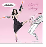 Cartoon spoof of the action film From the World of John Wick: Ballerina that shows assassin Eve (Anna de Armas) in a black evening dress and firing a pistol and a rifle as she stands on pointe in ballet slippers and kicks backwards to knock out a male dancer in a white Swan Lake costume. The scene is entitled Swan Song as he falls out of frame trailing blood from his face and she quips 'Eat toe shoe, Prince Siegfried!’