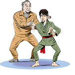 Cartoon spoof of the film sequel Karate Kid: Legends showing the elderly mentor Mr. Han in a leisure suit striking a pose as he instructs student Li Fong (Ben Wang) to unscrew the cap on his medicne bottle.