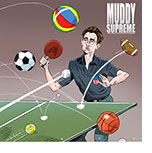 Cartoon spoof of sports bio-drama Marty Supreme with main character Marty Mauser (Timothy Chalamet) at a ping-pong table flailing at a ping-pong ball as a series of balls from more popular games come over the net, including pool, soccer, beach ball, baseball, football and basketball under the title Mushy Supreme.