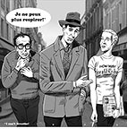 Cartoon spoof of the Richard Linklater film about the making of the film Breathless showing the original film's director, Jean-Luc Godard looking with distress at actors Aubry Dullin and Zoey Deutch portraying Jean-Paul Belmondo and Jean Seberg and grabbing his neck and chest and crying 'Je ne peux plus respirer!' or 'I can't breathe!’