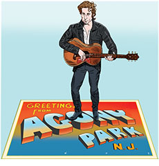 Cartoon spoof of the film Springsteen: Deliver Me From Nowhere showing star Jeremy Allen White as the popular singer strumming his guitar standing on a blow-up of the classic 'Greetings From Asbury Park, NJ’ postcard reflecting the depressing nature of the film and retitled 'Greetings From Agony Park, NJ.’