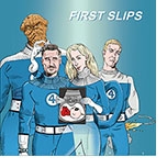 Cartoon spoof of the Marvel superhero film The Fantastic 4: First Steps retitled First Slips as Sue Storm (Vanessa Kirby) shows an ultrasound of her baby to husband Reed Richards (Pedro Pascal) who scratches his head with his elongated left arm because the child looks like Jack-Jack from The Incredibles. Ben Grimm (Ebon Moss-Bachrach) watches from behind and Johnny Storm (Joseph Quinn), the Human Torch, responds by shooting a flame out of his backside.