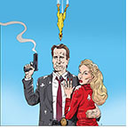 Cartoon spoof of the comedy film The Naked Gun showing Lt. Frank Drebin Jr. (Liam Neeson) holding a smoking handgun facing upward in his right hand and embracing girlfriend Beth Davenport (Pamela Anderson) with the other. They have bird poop on their shoulders and in their hair and he's shot the rubber chicken responsible, which falls from the sky above them.