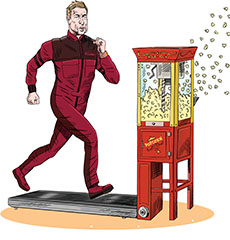 Cartoon spoof of the sci-fi action film The Running Man which is meant to be a crowd-pleaser showing the lead character Ben Richards running on a treadmill which is powering an old-fashioned popcorn machine spitting out kernels to sell to moviegoers. 