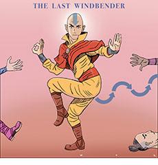 Cartoon spoof of the animated fantasy film Avatar Aang: The Last Airbender showing the lead character in a fight pose standing on one leg with the other raised as he passes deadly gas represented by blue arrows matching the one on his forehead. Beyond the frame his defeated enemies drop as we see random hands, a foot and an unconscious head under the title The Last Windbender.