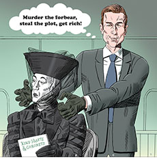 Cartoon spoof of the dark comedy thriller How to Make a Killing concerning a disowned young man killing his family members to inherit a fortune that shows the title character  Becket Redfellow (Glen Powell) reaching out his gloved hands to strangle Lady Agatha D'Ascoyne (Alec Guinness) from the original Ealing comedy from 1949 that it's based on. She's holding a copy of a script with that title, Kind Hearts & Coronets and Redfellow is thinking to himself, "Murder the forbear, steal the plot, get rich!’