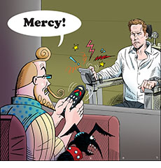 Cartoon spoof of the sci-fi film Mercy showing lead character Chris Raven Chris Pratt) locked into an electric chair on trial at an AI court on screen as critic E. Basil St. Blaise sits in the audience with his Affenpinscher Josef and desperately tries to get rid of the image with a TV remote as he cries out for 'Mercy!'