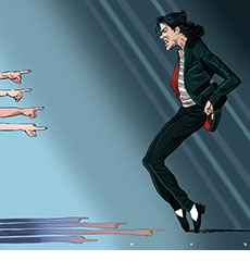 Cartoon spoof of the musical biopic about Michael Jackson called Michaeil which omits reference to the many allegations against the performer of pedophilia. Here he is seen doing his Moonwalk away from the extending shadows of the ams of young boys' arms pointing at him in accusation.