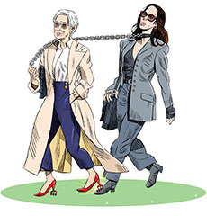 Cartoon Spoof of the sequel The Devil Wears Prada 2 focused on the masochistic relation of sub Andy Sachs (Anne Hathaway) to her former boss and still dom Miranda Priestley (Meryl Streep) that shows her being pulled by a studded collar around her neck attached to a chain in the older fashion editor’s hand. Both are dressed stylishly and Priestly wears red shoes with trident high heels, one of which she grinds into the toe of Andy’s boot to discipline her.