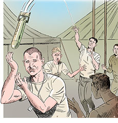 Cartoon spoof of the WWII film The Mosquito Bowl about four former college star athletes training as Marines to fight in Asia showing them playing football. Ray Nicholson is reaching over his shoulder to catch a literal explosive bomb thrown by Nicholas Galitzine as the quarterback as Stacy Clausen looks on.