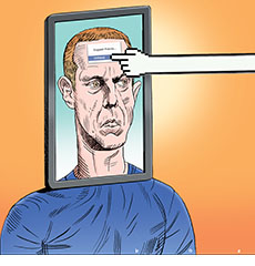 Cartoon spoof of the biographical thriller The Social Reckoning about Meta executive Mark Zuckerberg (Jeremy Strong) being investigated for his company's tactics. The film written and directed Aaron Sorkin depicts him as a villain and the drawing shows his head on a digital screen on his shoulders with a digitized hand icon reaching over to press an UNFRIEND button on his forehead.