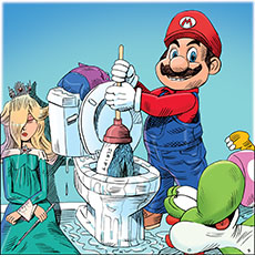 Cartoon spoof of the animated video-game adaptation sequel The Super Mario Galaxy Movie showing the title plumber using his plunger to pull the SCRIPT out of a toilet which it had been clogging. Around him on the bathroom floor are other characters he’s pulled out of the toilet including Rosalina, Luma, Bowser Junior, Toadette, and Yoshi.