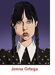 Caricature of Jenna Ortega as Wednesday Addams in the Netflix series Wednesday.