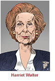 Caricature of Harriet Walter as British Prime Minister Margaret Thatcher in the PBS biodrama Brian and Maggie.