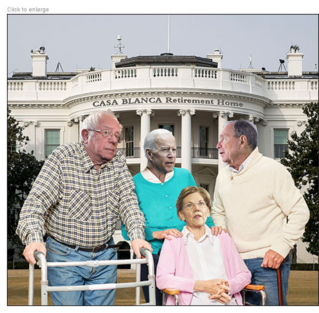 Bernie Sanders, Joe Biden, Elizabeth Warren and Mike Bloomberg as seniors vying for a place in the Casa Blanca Retirement Home