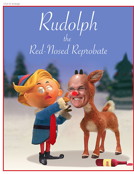 Parody entitled Rudolph the Red-Nosed Reprobate with puppet Donald Trump and Giuliani as a reindeer