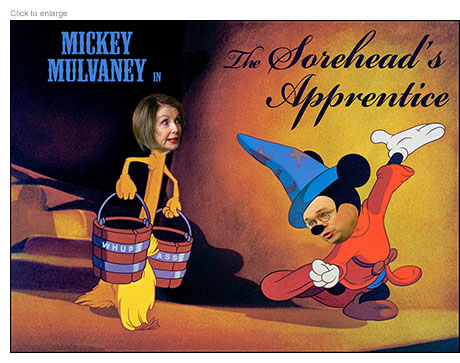 Mickey Mulvaney as Mickey Mouse and Nancy Pelosi as a broom in The Sorehead's Apprentice 