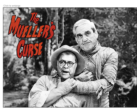 WIlliam Barr and Robert Mueller in a parody of a classic mummy movie entitled The Mueller's Curse