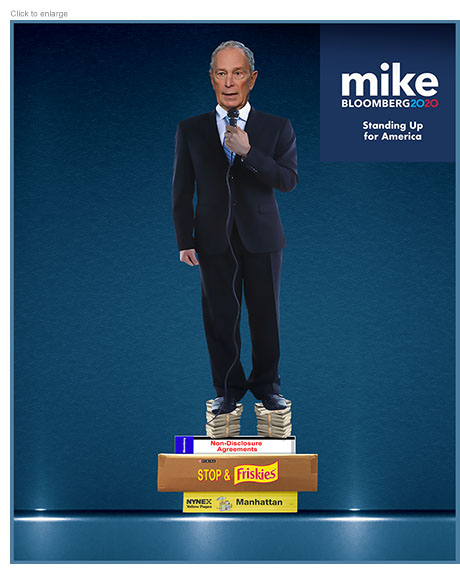 Mike Bloomberg holding a nicrophone while standing on books, a carton and money