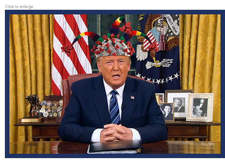 Trump in Oval Office giving speech while wearing coronavirus foolscap