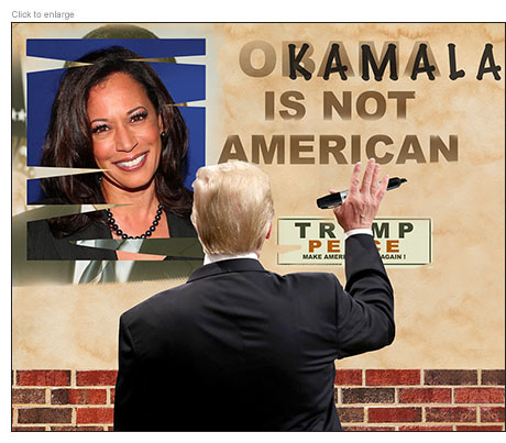 Donald Trump stands in front of a faded poster from his 2016 campaign saying Obama Is Not American and writes Kamala over his name next to a picture of the 2020 VP candidate.