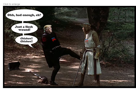 Parody of the Black Knight Scene from Monty Python and the Holy Grail with President-elect Biden as King Arthur and a defeated Donald Trump as the armless Black Knight kicking at him as he says, “Ohh, had enough, eh? Just a flesh wound! Chicken!! Chicken!!