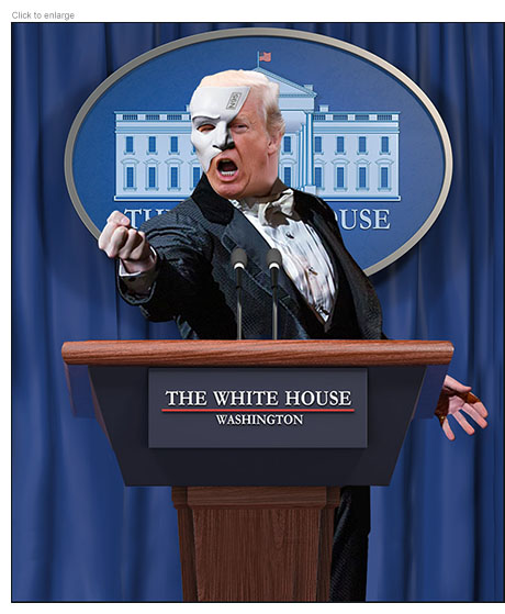 Trump as The Phantom of the Opera at a White House podium wearing a N95 half mask